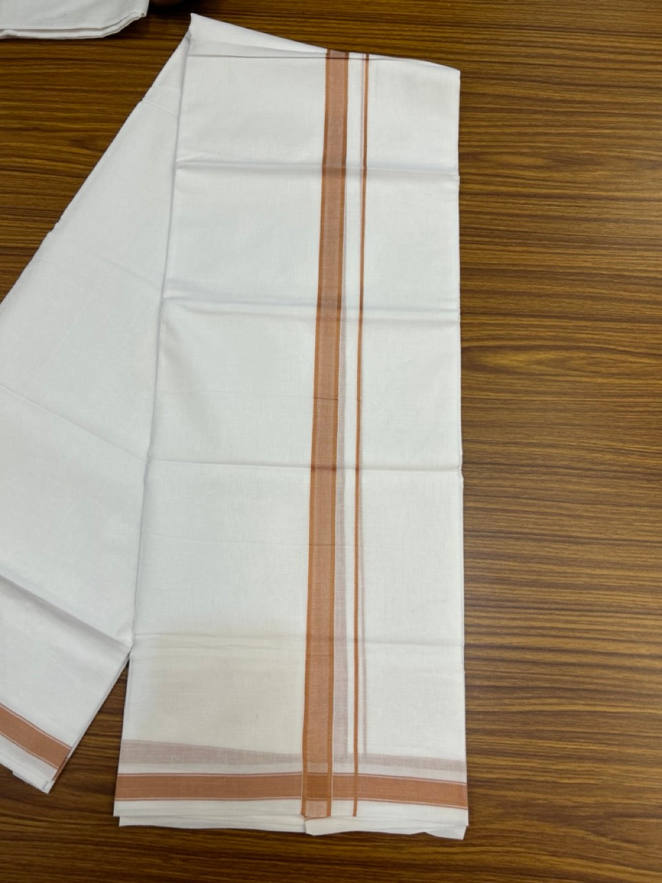 5% Discount! KaithariKada Balaramapuram 100% Cotton Double Pure white Mundu/Dhoti- 100x100 - 0.75 inch Puliyilakkara Pastel Orange Shaded One Side Chutty Kara - 3.90 mtr (8 muzham)  - 48 KK5279 CKS