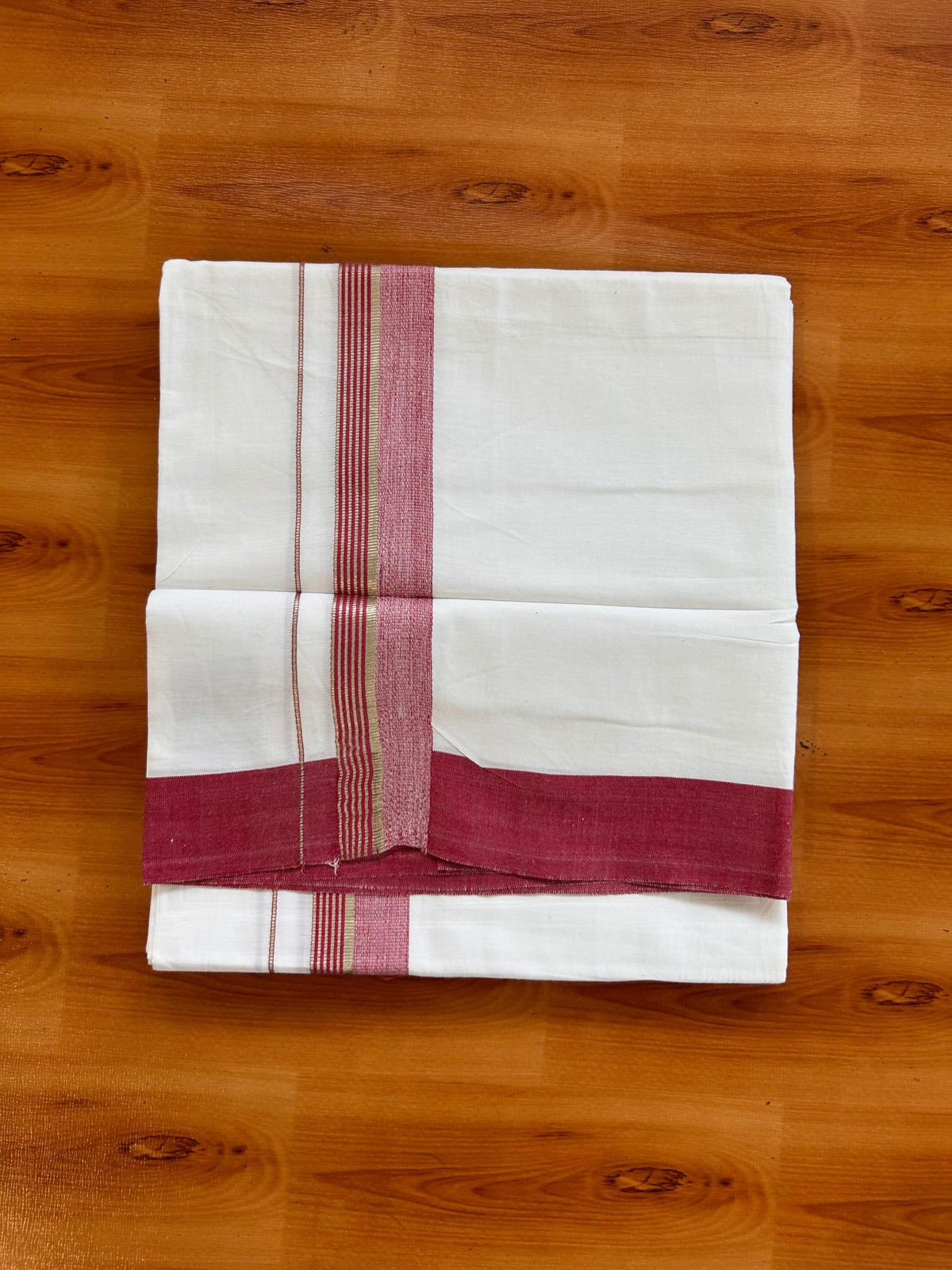 Kids Pure White Mundu/Dhoti Kaitharikada 100% Pure Cotton - 80s - 44 inch height - 1.25 inch Silver Kasav & Maroon Striped Kara 1.70 mtr (3.63 Muzham) - 5 KK5533 PMC