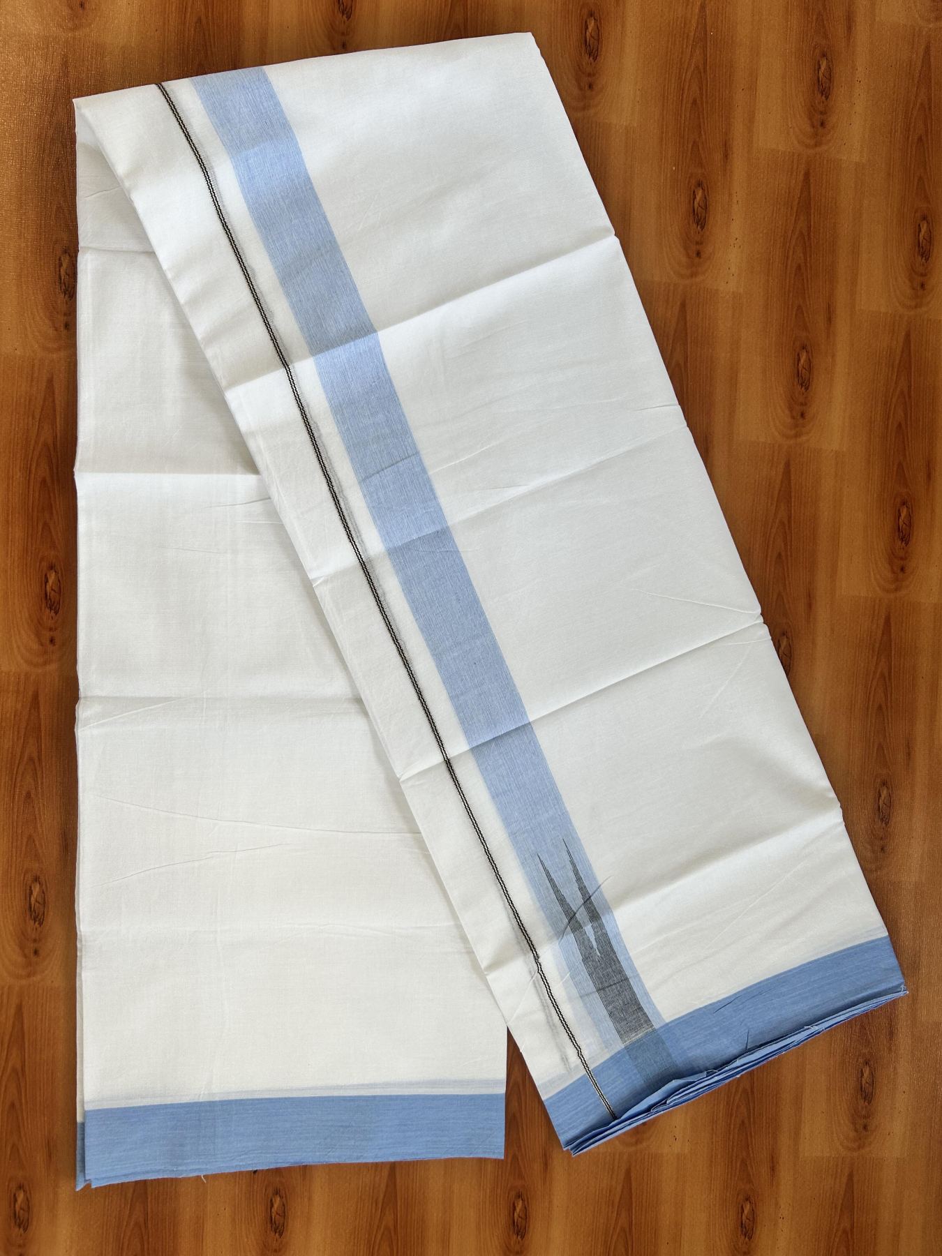 Double Pure White Mundu/Dhoti - 20% Discount !! KaithariKada Balaramapuram 100% Cotton - 100x80 - 1.5 inch Sky Blue & Black Silver Chutty Kara 3.80 mtr (8 muzham) - 8 KK5414 CKS