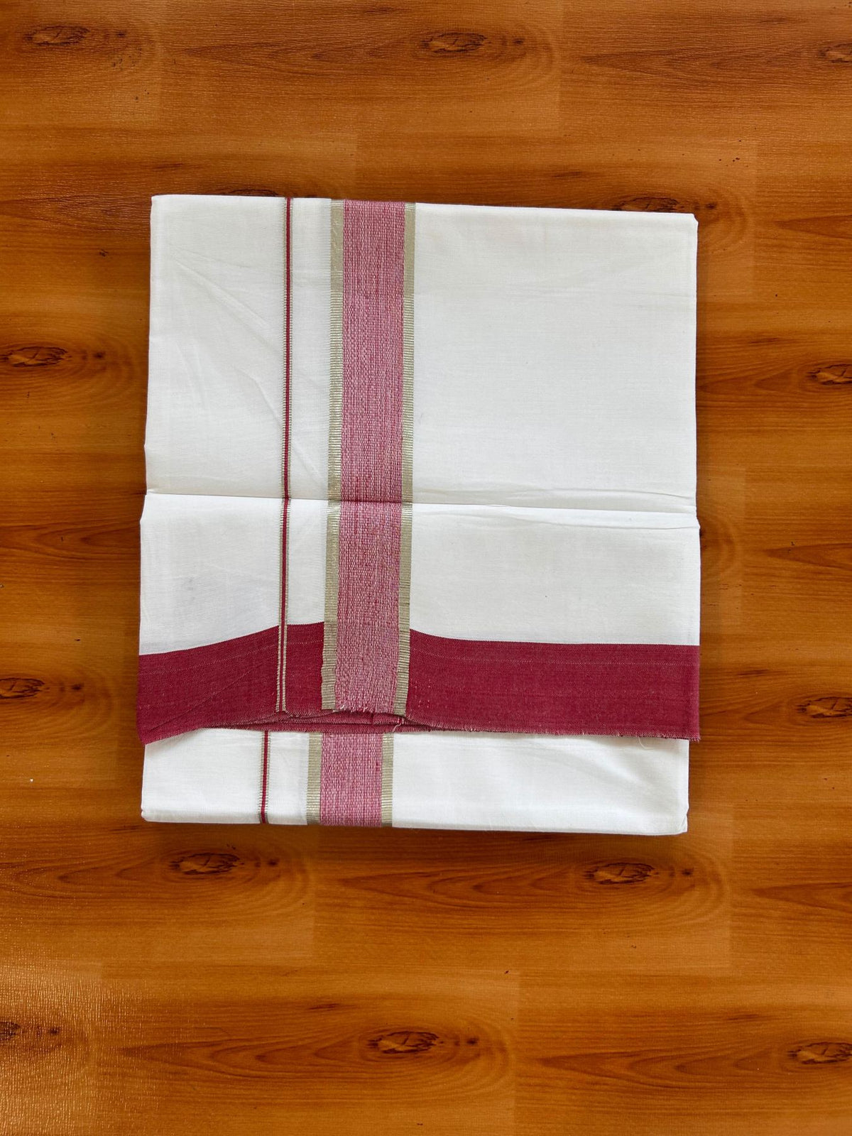 Kids Pure White Mundu/Dhoti Kaitharikada 100% Pure Cotton - 80s - 44 inch height - 1.25 inch Silver Kasav & Maroon Shaded Kara 1.70 mtr (3.63 Muzham) - 8 KK5533 PMC
