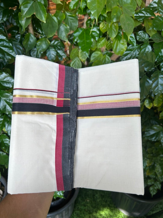 25% Discount ! KaithariKada Handloom Millpaav Balaramapuram - 100% PURE Cotton OFF White (Unbleached) Double Mundu/Dothi - 80x90 - 1.5 inch Gold Kasav Black & Maroon Striped Kara 4 Meters (8.5 Muzham) - 33 KK5256 RAM