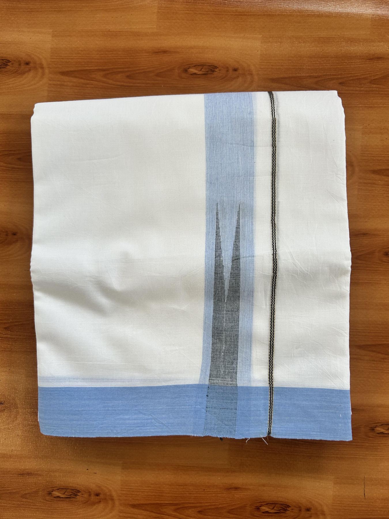Double Pure White Mundu/Dhoti - 20% Discount !! KaithariKada Balaramapuram 100% Cotton - 100x80 - 1.5 inch Sky Blue & Black Silver Chutty Kara 3.80 mtr (8 muzham) - 8 KK5414 CKS
