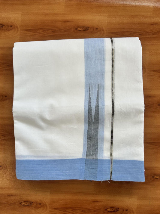 Double Pure White Mundu/Dhoti - 20% Discount !! KaithariKada Balaramapuram 100% Cotton - 100x80 - 1.5 inch Sky Blue & Black Silver Chutty Kara 3.80 mtr (8 muzham) - 8 KK5414 CKS