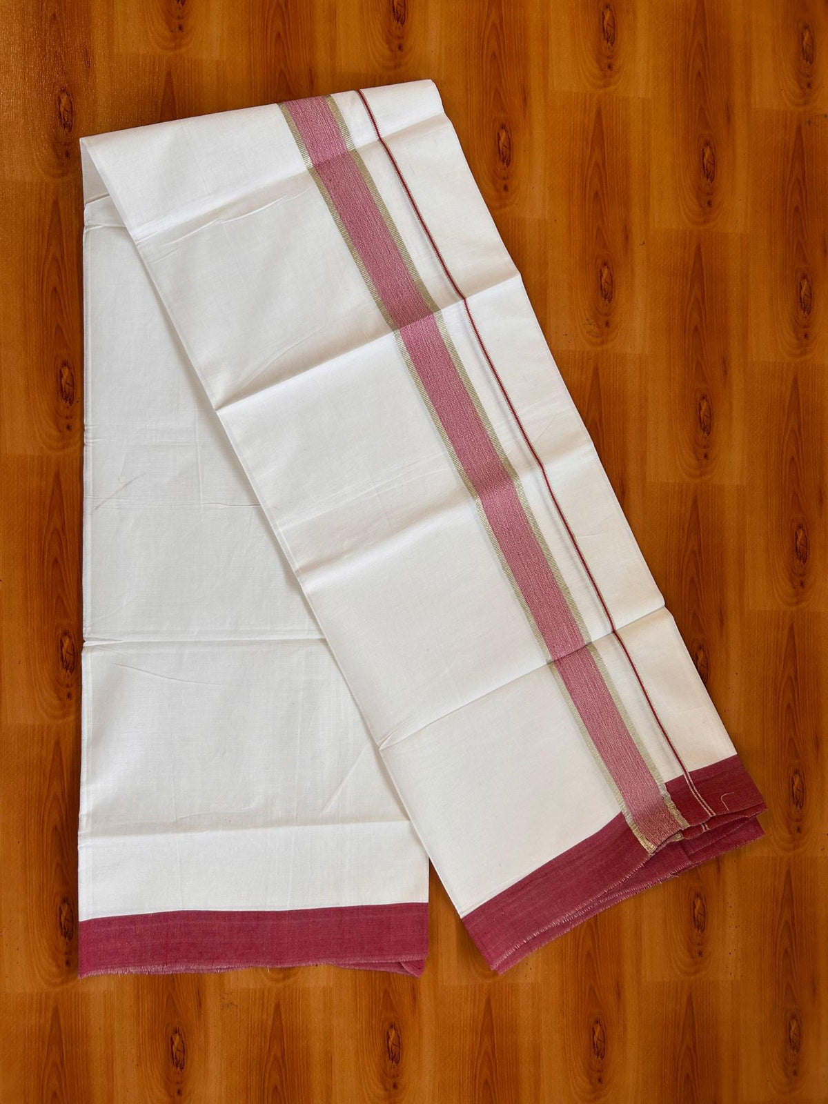 Kids Pure White Mundu/Dhoti Kaitharikada 100% Pure Cotton - 80s - 44 inch height - 1.25 inch Silver Kasav & Maroon Shaded Kara 1.70 mtr (3.63 Muzham) - 8 KK5533 PMC