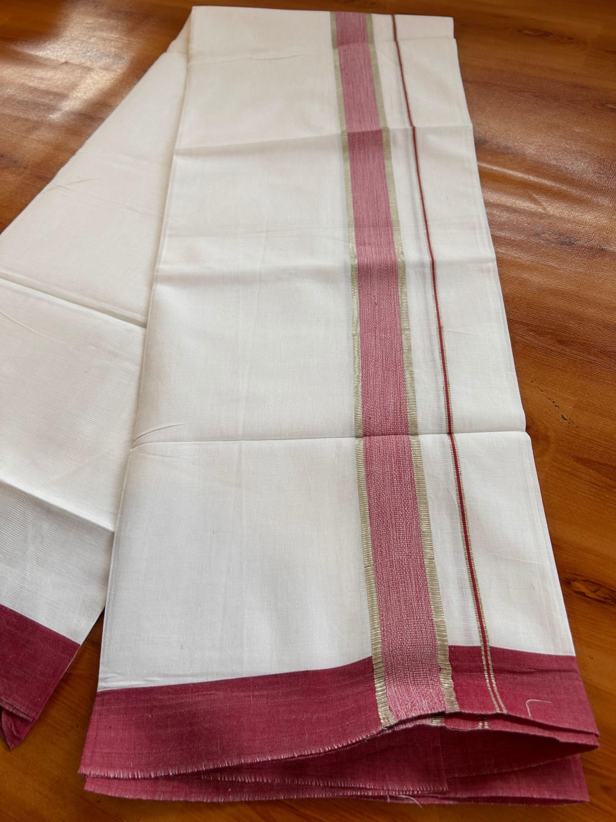 Kids Pure White Mundu/Dhoti Kaitharikada 100% Pure Cotton - 80s - 44 inch height - 1.25 inch Silver Kasav & Maroon Shaded Kara 1.70 mtr (3.63 Muzham) - 8 KK5533 PMC
