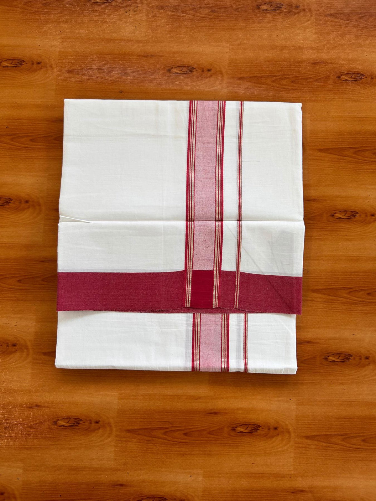 Kids Pure White Mundu/Dhoti Kaitharikada 100% Pure Cotton - 80s - 44 inch height - 1.25 inch Silver Kasav & Maroon Striped Kara 1.70 mtr (3.63 Muzham) - 7 KK5533 PMC
