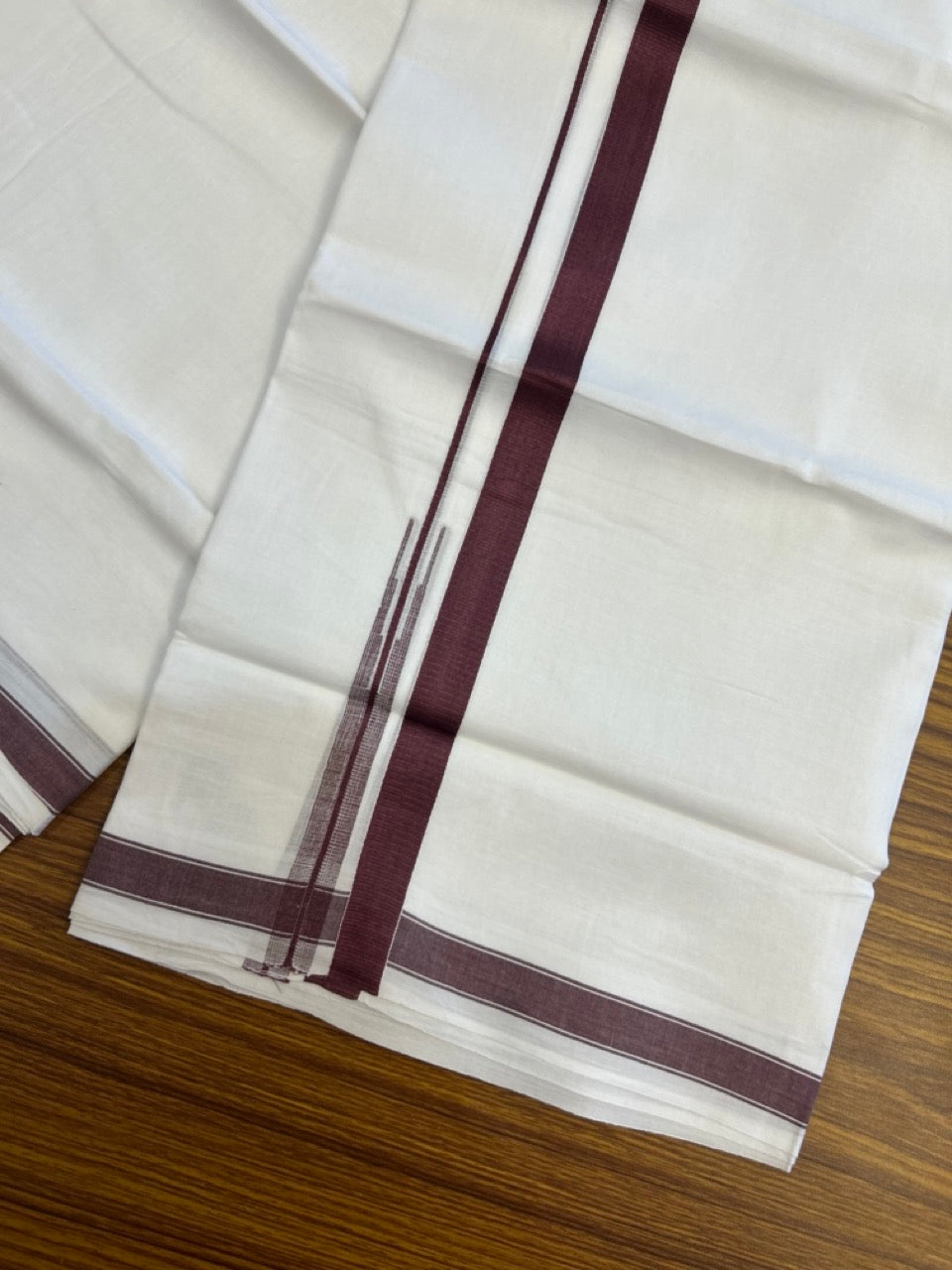 5% Discount! KaithariKada Balaramapuram 100% Cotton Double Pure white Mundu/Dhoti- 100x100 - 0.75 inch Puliyilakkara Wine One Side Chutty Kara - 3.90 mtr (8 muzham)  - 49 KK5279 CKS
