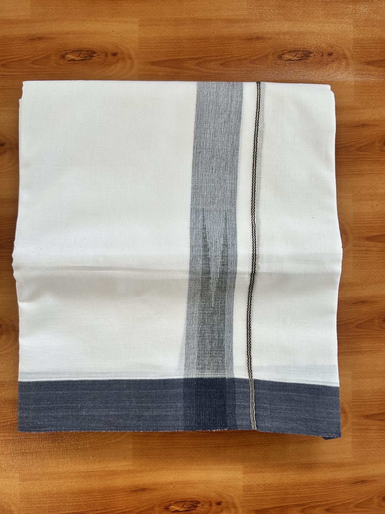 Double Pure White Mundu/Dhoti - 20% Discount !! KaithariKada Balaramapuram 100% Cotton - 100x80 - 1.25 inch Navy Blue & Black Silver Chutty Kara 3.80 mtr (8 muzham) - 9 KK5414 CKS