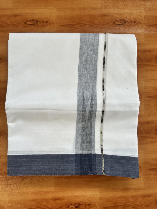 Double Pure White Mundu/Dhoti - 20% Discount !! KaithariKada Balaramapuram 100% Cotton - 100x80 - 1.25 inch Navy Blue & Black Silver Chutty Kara 3.80 mtr (8 muzham) - 9 KK5414 CKS