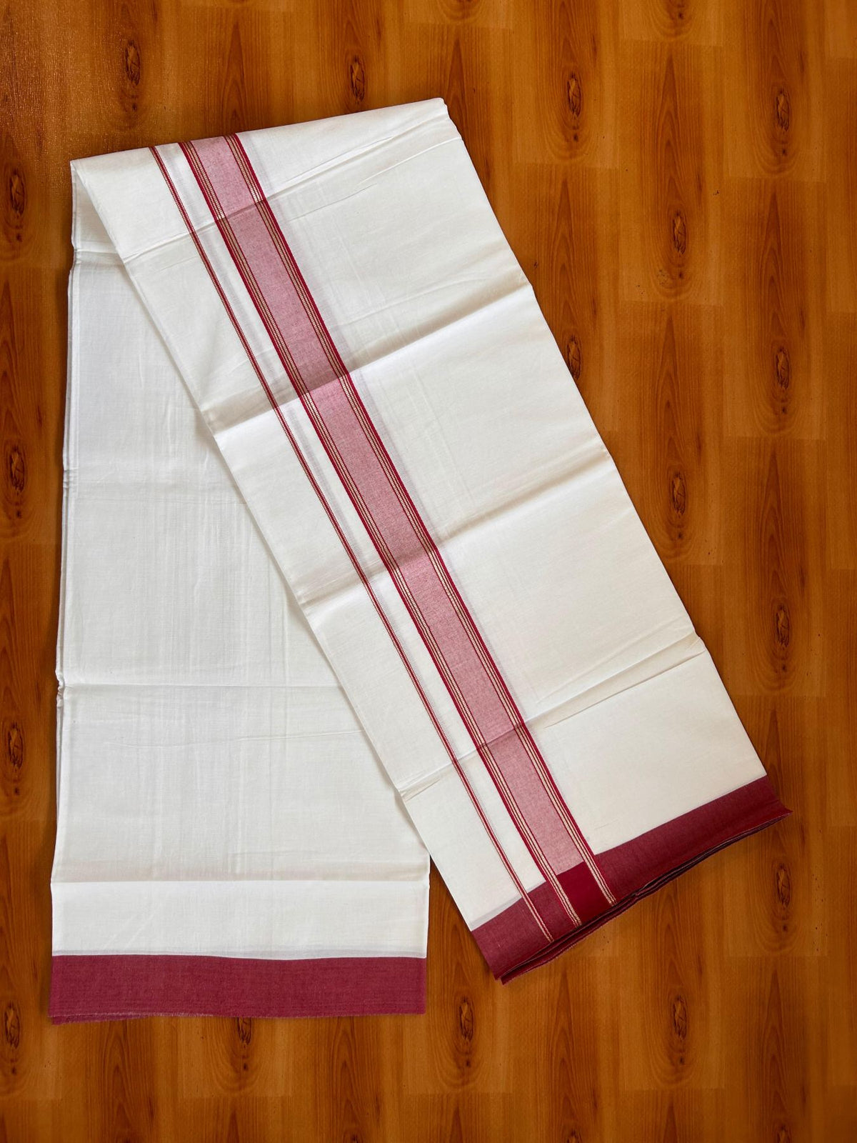Kids Pure White Mundu/Dhoti Kaitharikada 100% Pure Cotton - 80s - 44 inch height - 1.25 inch Silver Kasav & Maroon Striped Kara 1.70 mtr (3.63 Muzham) - 7 KK5533 PMC