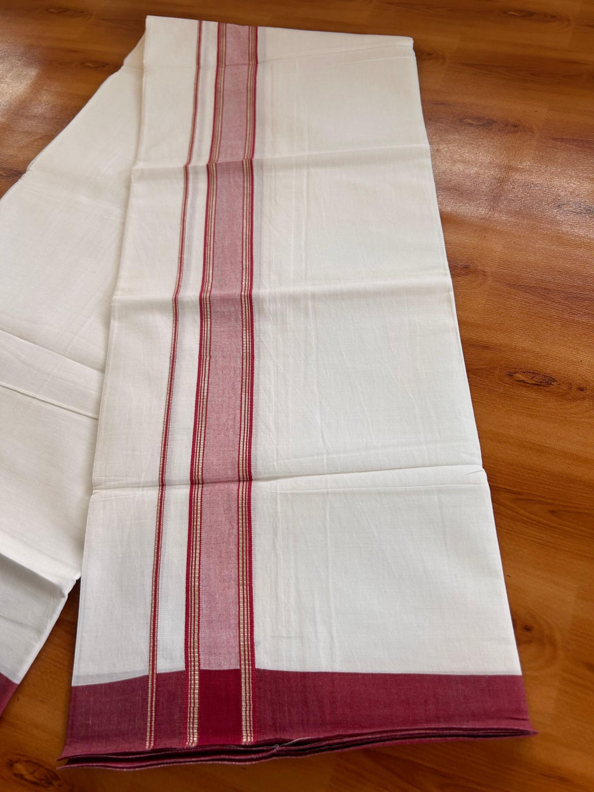 Kids Pure White Mundu/Dhoti Kaitharikada 100% Pure Cotton - 80s - 44 inch height - 1.25 inch Silver Kasav & Maroon Striped Kara 1.70 mtr (3.63 Muzham) - 7 KK5533 PMC
