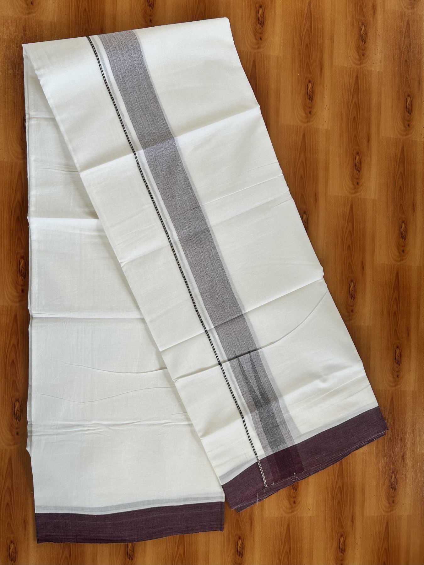 Double Pure White Mundu/Dhoti - 20% Discount !! KaithariKada Balaramapuram 100% Cotton - 100x80 - 1.5 inch Dark Wine & Black Silver Chutty Kara 3.80 mtr (8 muzham) - 10 KK5414 CKS