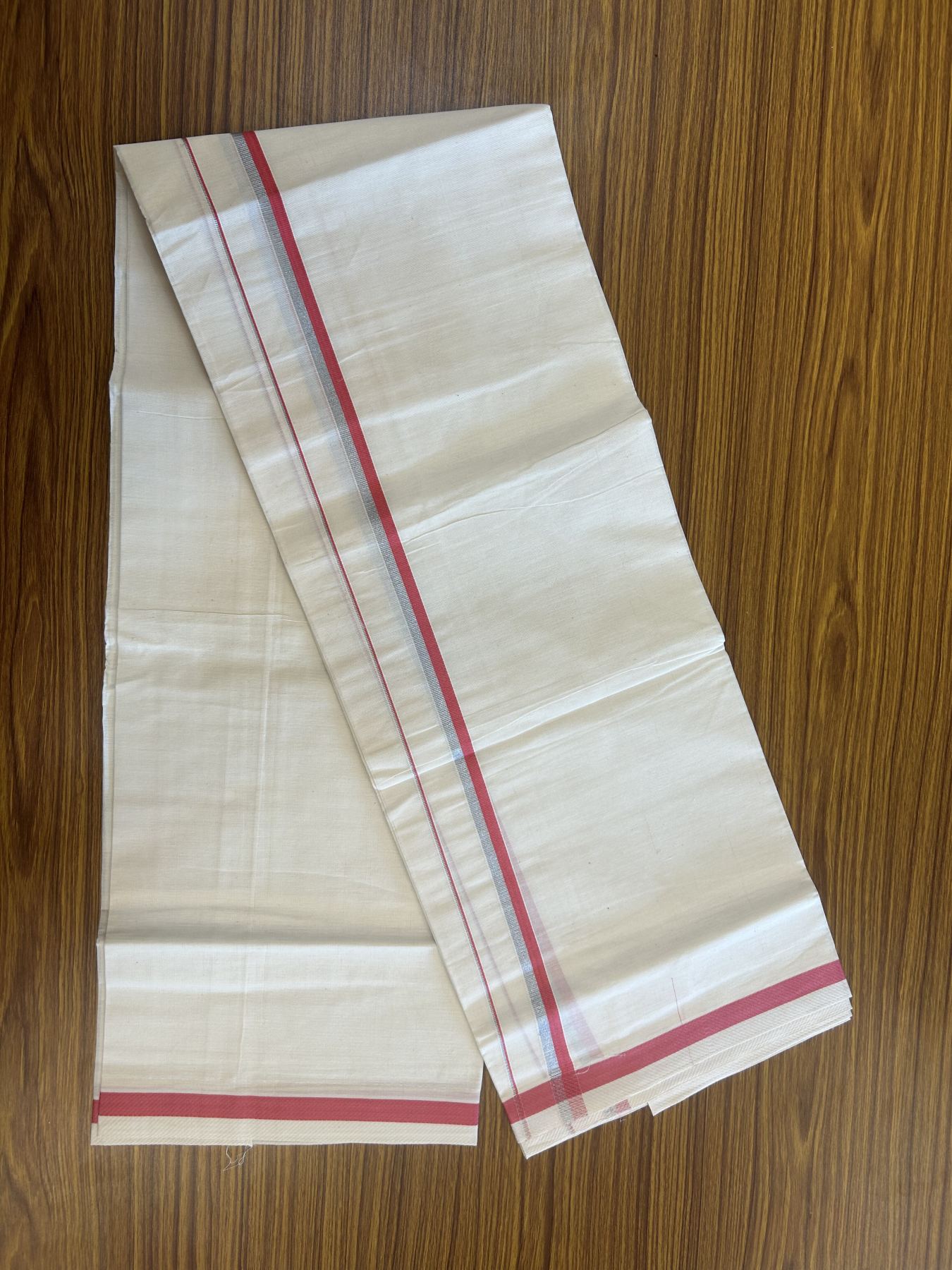 9% Discount! KaithariKada Balaramapuram 100% Cotton Single Off White - (Unbleached) Mundu/Dhoti - 100x80 - 0.5 inch Silver Kasav & Red Pink kara (2 meter / 4 muzham) - 60 KK52313 PMC