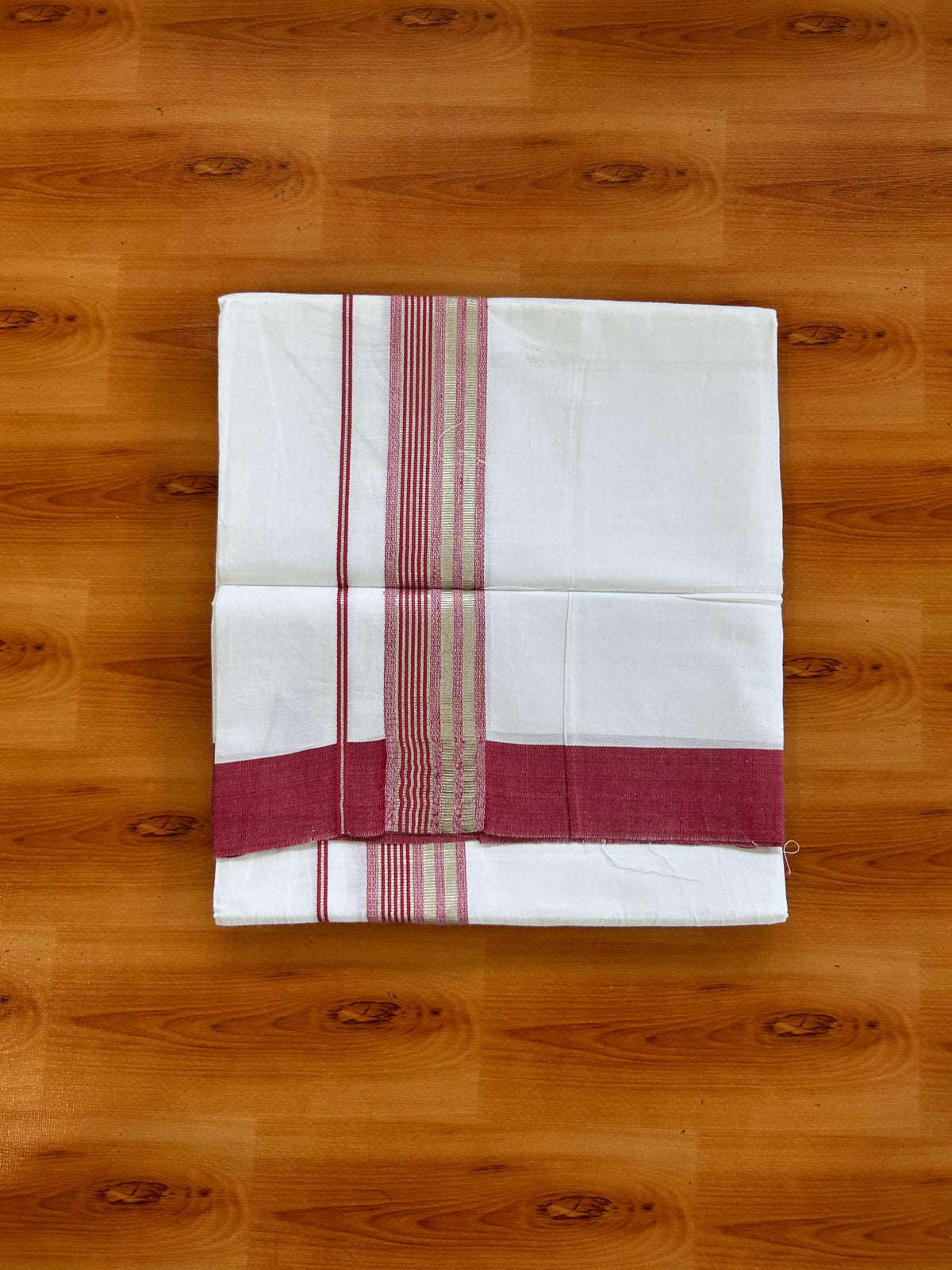 Kids Pure White Mundu/Dhoti Kaitharikada 100% Pure Cotton - 80s - 44 inch height - 1.75 inch Silver Kasav & Maroon Striped Kara 1.70 mtr (3.63 Muzham) - 6 KK5533 PMC