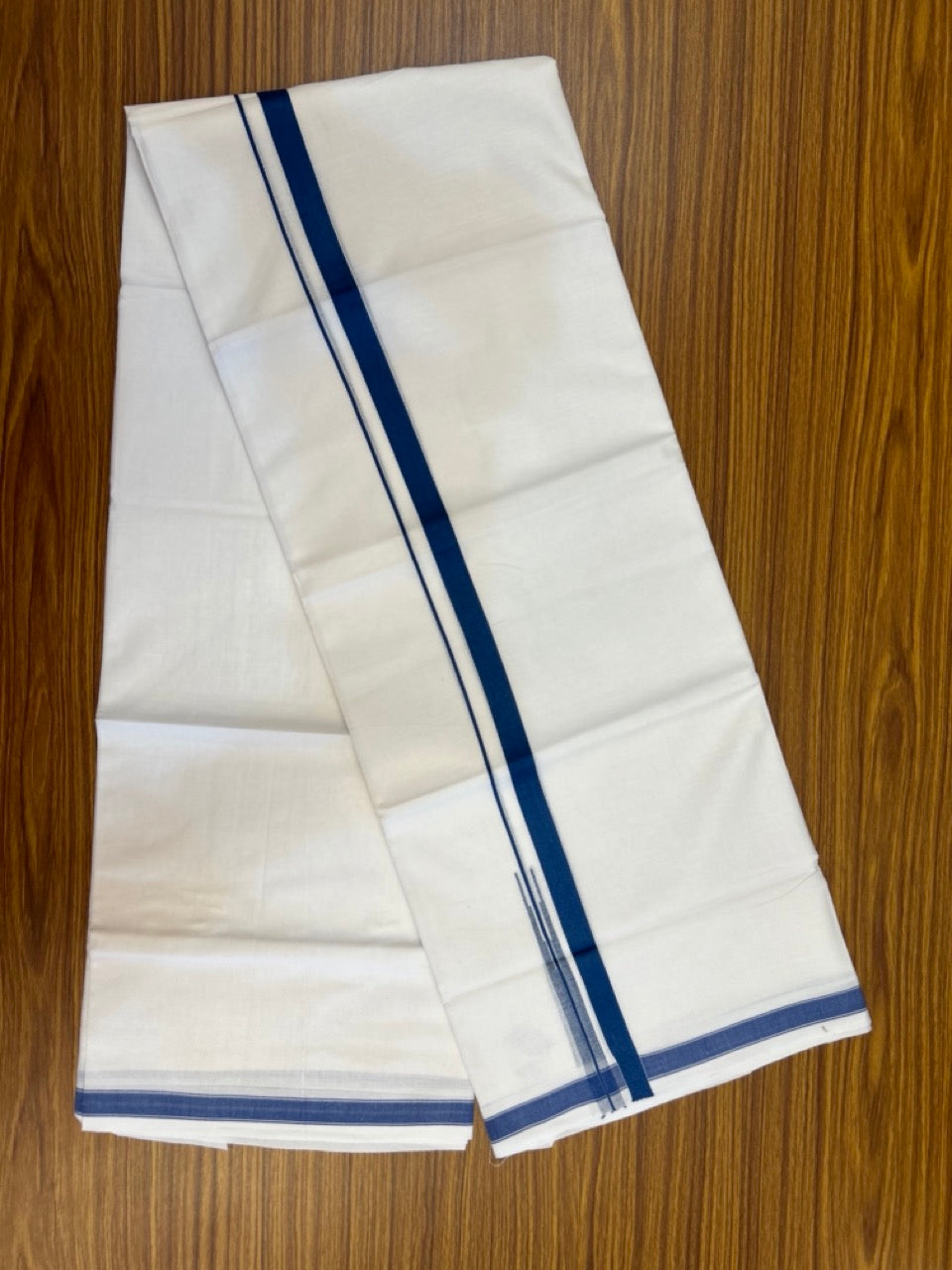 5% Discount! KaithariKada Balaramapuram 100% Cotton Double Pure white Mundu/Dhoti- 100x100 - 0.75 inch Puliyilakkara Peacock Blue One Side Chutty Kara - 3.90 mtr (8 muzham)  - 52 KK5279 CKS