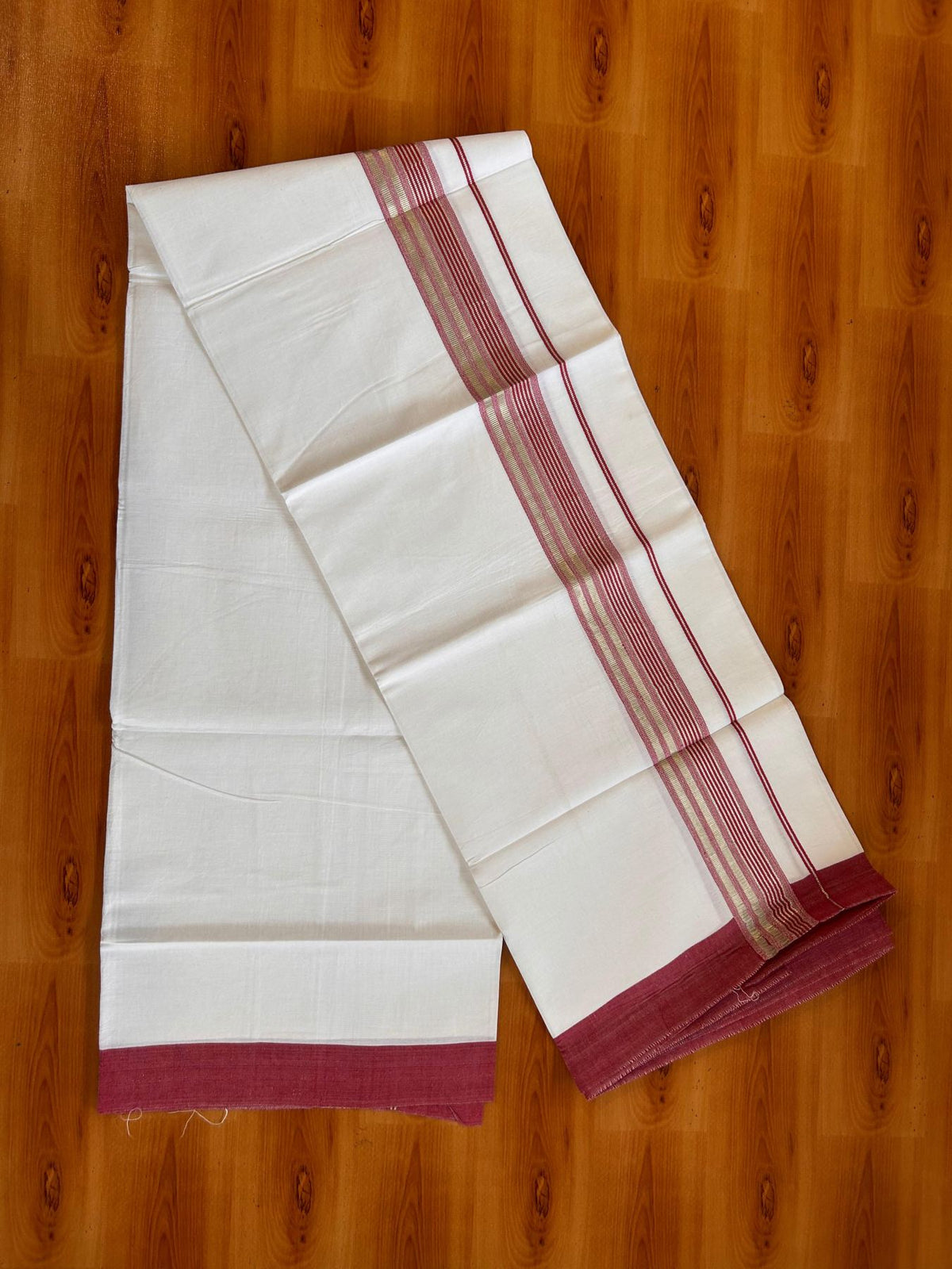 Kids Pure White Mundu/Dhoti Kaitharikada 100% Pure Cotton - 80s - 44 inch height - 1.75 inch Silver Kasav & Maroon Striped Kara 1.70 mtr (3.63 Muzham) - 6 KK5533 PMC