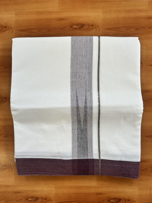 Double Pure White Mundu/Dhoti - 20% Discount !! KaithariKada Balaramapuram 100% Cotton - 100x80 - 1.5 inch Dark Wine & Black Silver Chutty Kara 3.80 mtr (8 muzham) - 10 KK5414 CKS
