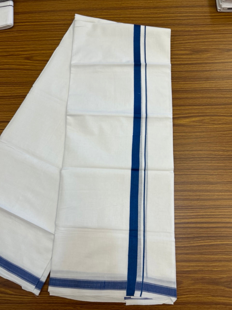 5% Discount! KaithariKada Balaramapuram 100% Cotton Double Pure white Mundu/Dhoti- 100x100 - 0.75 inch Puliyilakkara Peacock Blue One Side Chutty Kara - 3.90 mtr (8 muzham)  - 52 KK5279 CKS
