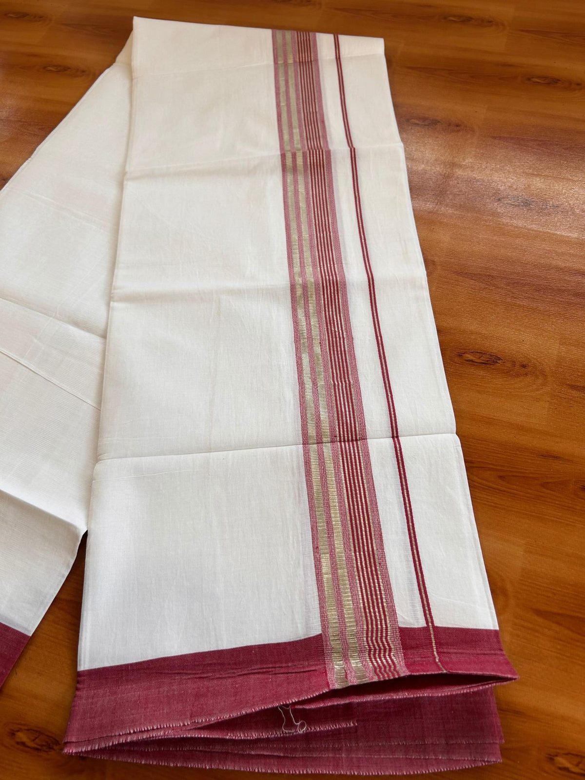 Kids Pure White Mundu/Dhoti Kaitharikada 100% Pure Cotton - 80s - 44 inch height - 1.75 inch Silver Kasav & Maroon Striped Kara 1.70 mtr (3.63 Muzham) - 6 KK5533 PMC