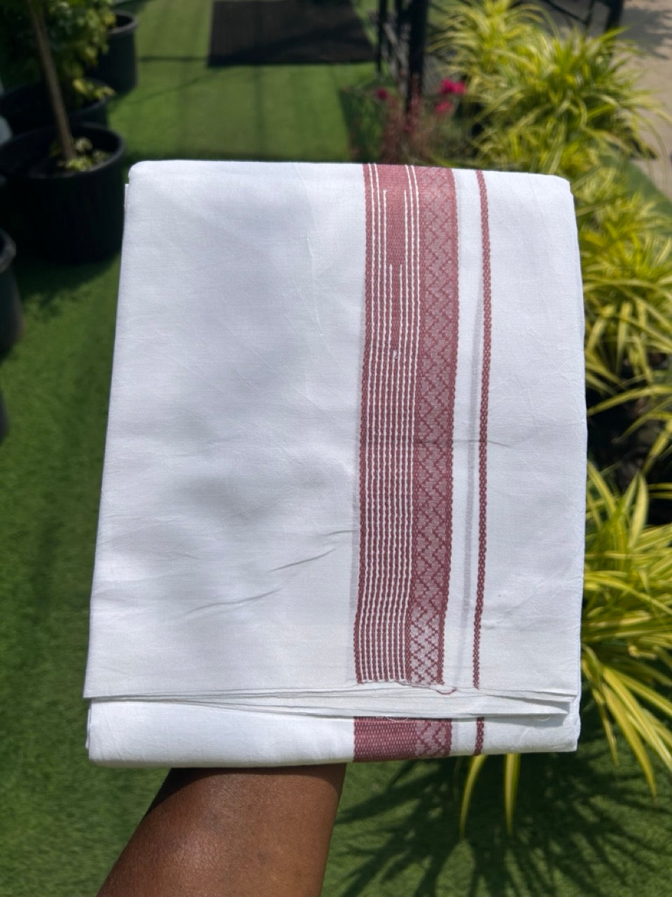 20% DISCOUNT!! Kaitharikada Balaramapuram 100% Cotton PURE WHITE Double Mundu/Dothi - 80X90 - 1.5 Inch Reddish Brown design Kara 3.70 m (8 Muzham) - 57KK5115THI