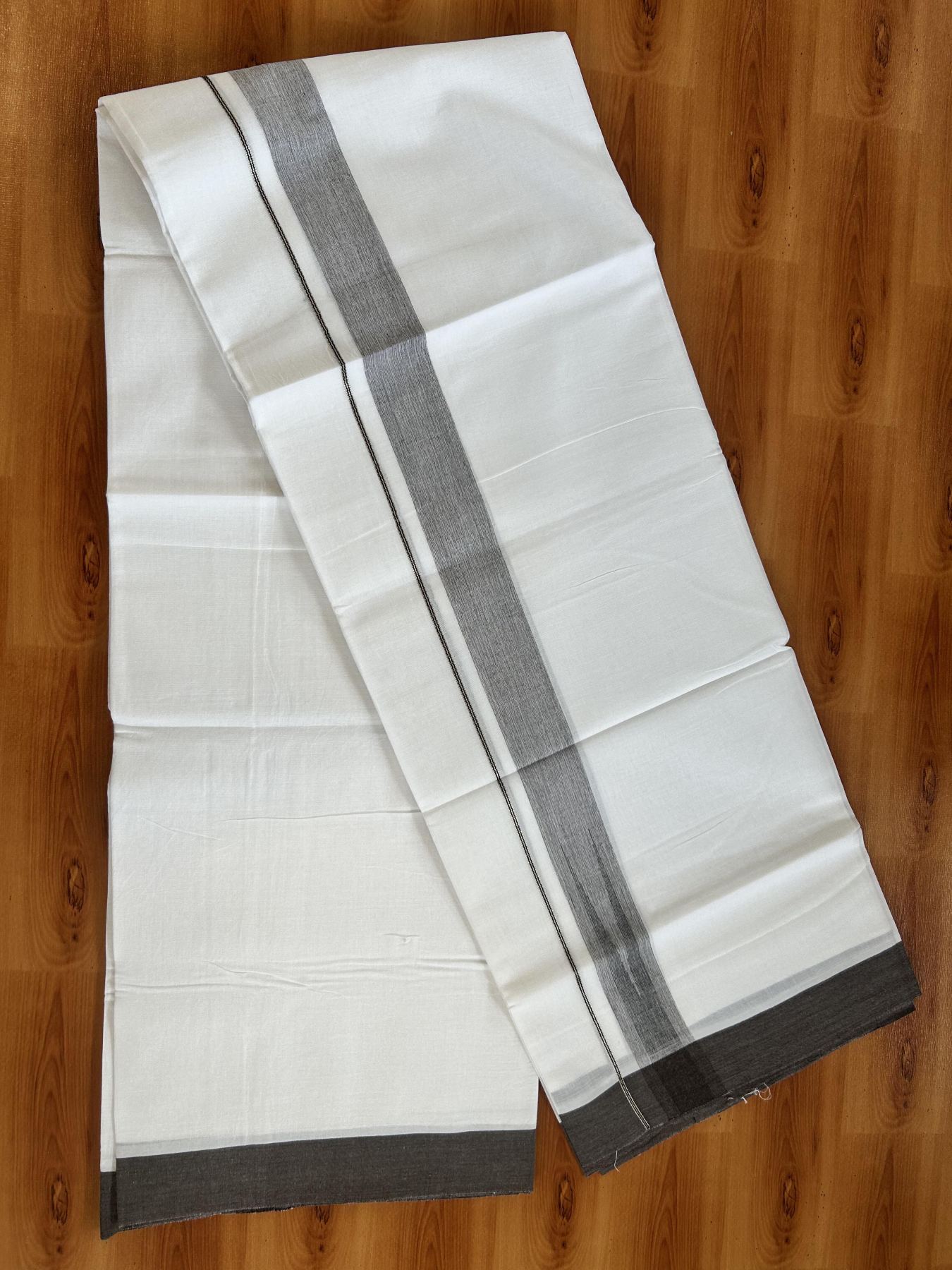 Double Pure White Mundu/Dhoti - 20% Discount !! KaithariKada Balaramapuram 100% Cotton - 100x80 - 1.5 inch Dark Brown & Black Silver Chutty Kara 3.80 mtr (8 muzham) - 11 KK5414 CKS