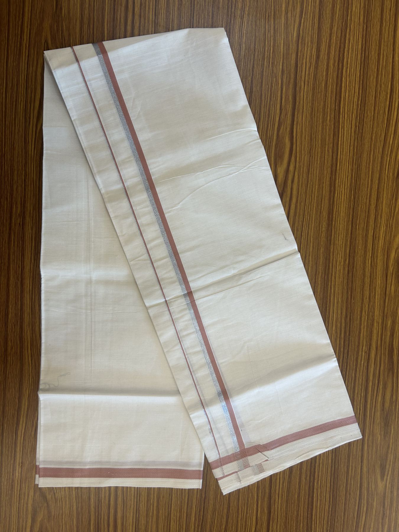 9% Discount! KaithariKada Balaramapuram 100% Cotton Single Off White - (Unbleached) Mundu/Dhoti - 100x80 - 0.5 inch Silver Kasav & Dusty Rose kara (2 meter / 4 muzham) - 61 KK52313 PMC