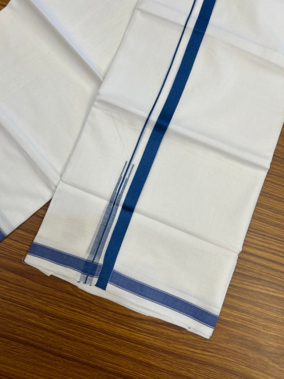 5% Discount! KaithariKada Balaramapuram 100% Cotton Double Pure white Mundu/Dhoti- 100x100 - 0.75 inch Puliyilakkara Peacock Blue One Side Chutty Kara - 3.90 mtr (8 muzham)  - 52 KK5279 CKS