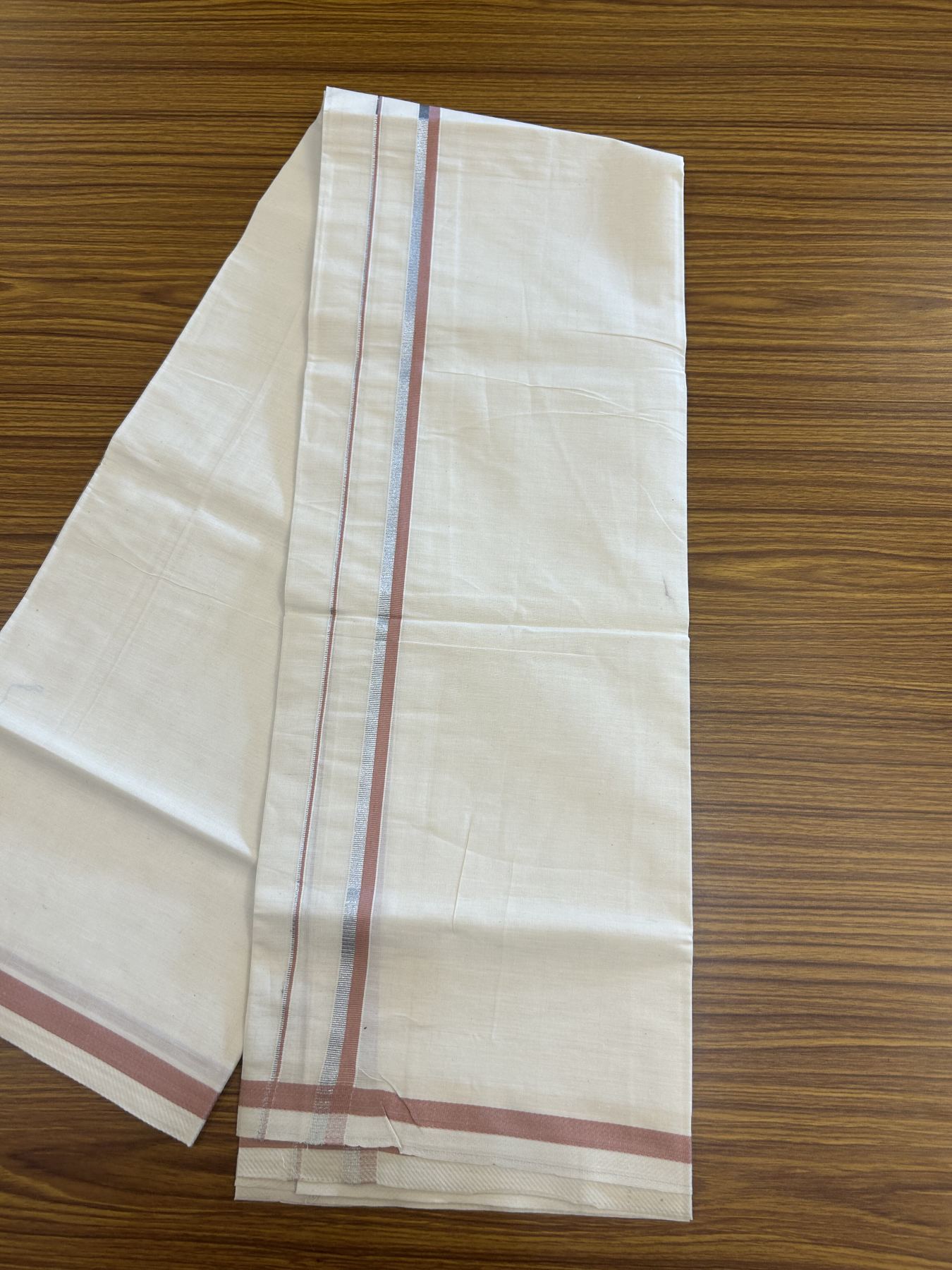 9% Discount! KaithariKada Balaramapuram 100% Cotton Single Off White - (Unbleached) Mundu/Dhoti - 100x80 - 0.5 inch Silver Kasav & Dusty Rose kara (2 meter / 4 muzham) - 61 KK52313 PMC