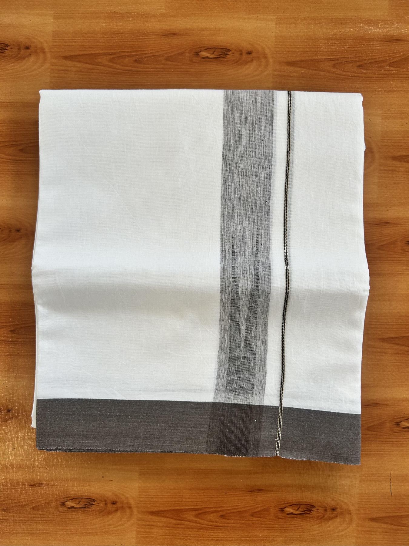 Double Pure White Mundu/Dhoti - 20% Discount !! KaithariKada Balaramapuram 100% Cotton - 100x80 - 1.5 inch Dark Brown & Black Silver Chutty Kara 3.80 mtr (8 muzham) - 11 KK5414 CKS