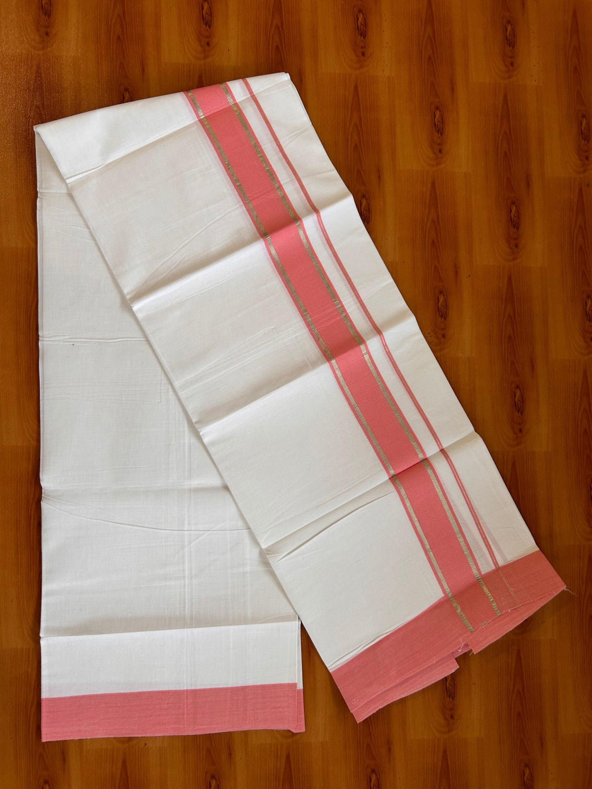 Kids Pure White Mundu/Dhoti Kaitharikada 100% Pure Cotton - 80s - 44 inch height - 1.5 inch Silver Kasav & Peach Kara 1.70 mtr (3.63 Muzham) - 10 KK5533 PMC