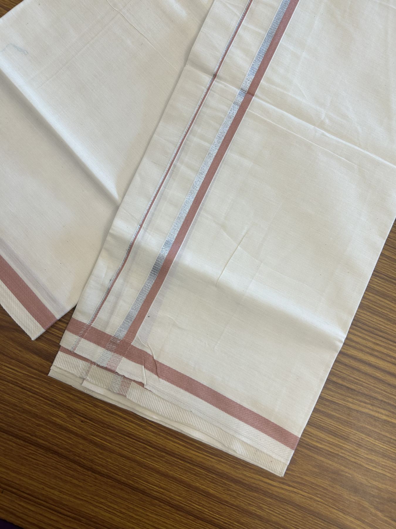 9% Discount! KaithariKada Balaramapuram 100% Cotton Single Off White - (Unbleached) Mundu/Dhoti - 100x80 - 0.5 inch Silver Kasav & Dusty Rose kara (2 meter / 4 muzham) - 61 KK52313 PMC