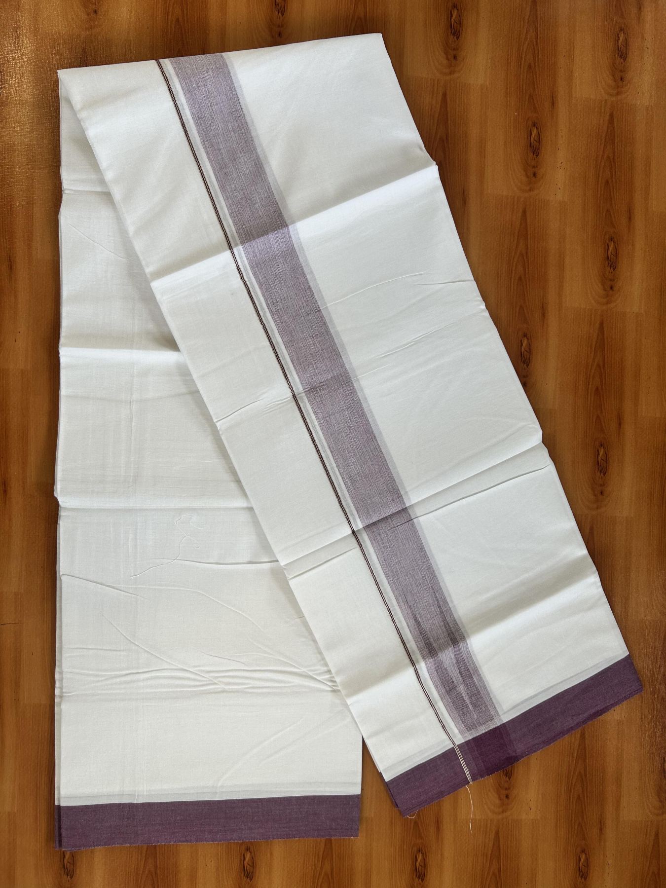 Double Pure White Mundu/Dhoti - 20% Discount !! KaithariKada Balaramapuram 100% Cotton - 100x80 - 1.5 inch Plum Purple Silver Chutty Kara 3.80 mtr (8 muzham) - 12 KK5414 CKS