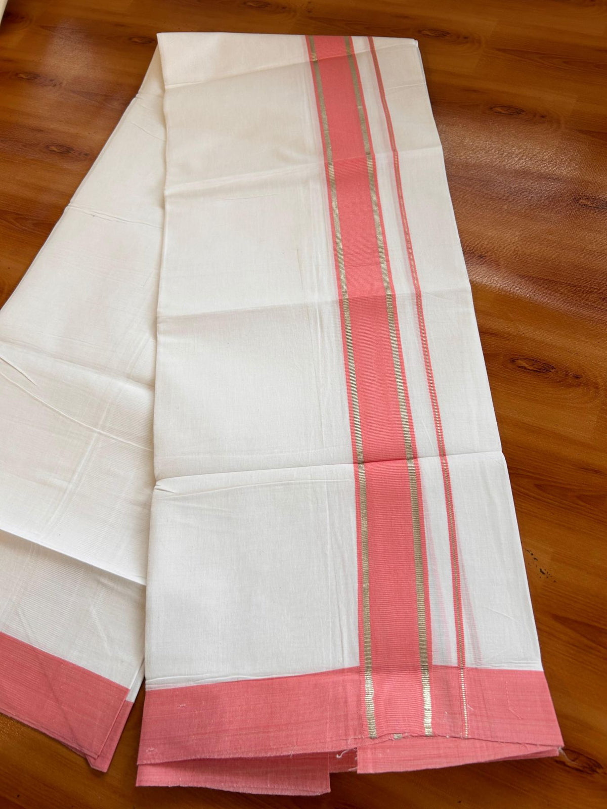 Kids Pure White Mundu/Dhoti Kaitharikada 100% Pure Cotton - 80s - 44 inch height - 1.5 inch Silver Kasav & Peach Kara 1.70 mtr (3.63 Muzham) - 10 KK5533 PMC