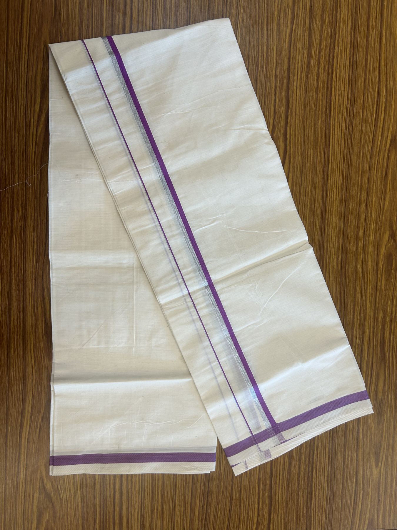 9% Discount! KaithariKada Balaramapuram 100% Cotton Single Off White - (Unbleached) Mundu/Dhoti - 100x80 - 0.5 inch Silver Kasav & Purple kara (2 meter / 4 muzham) - 62 KK52313 PMC
