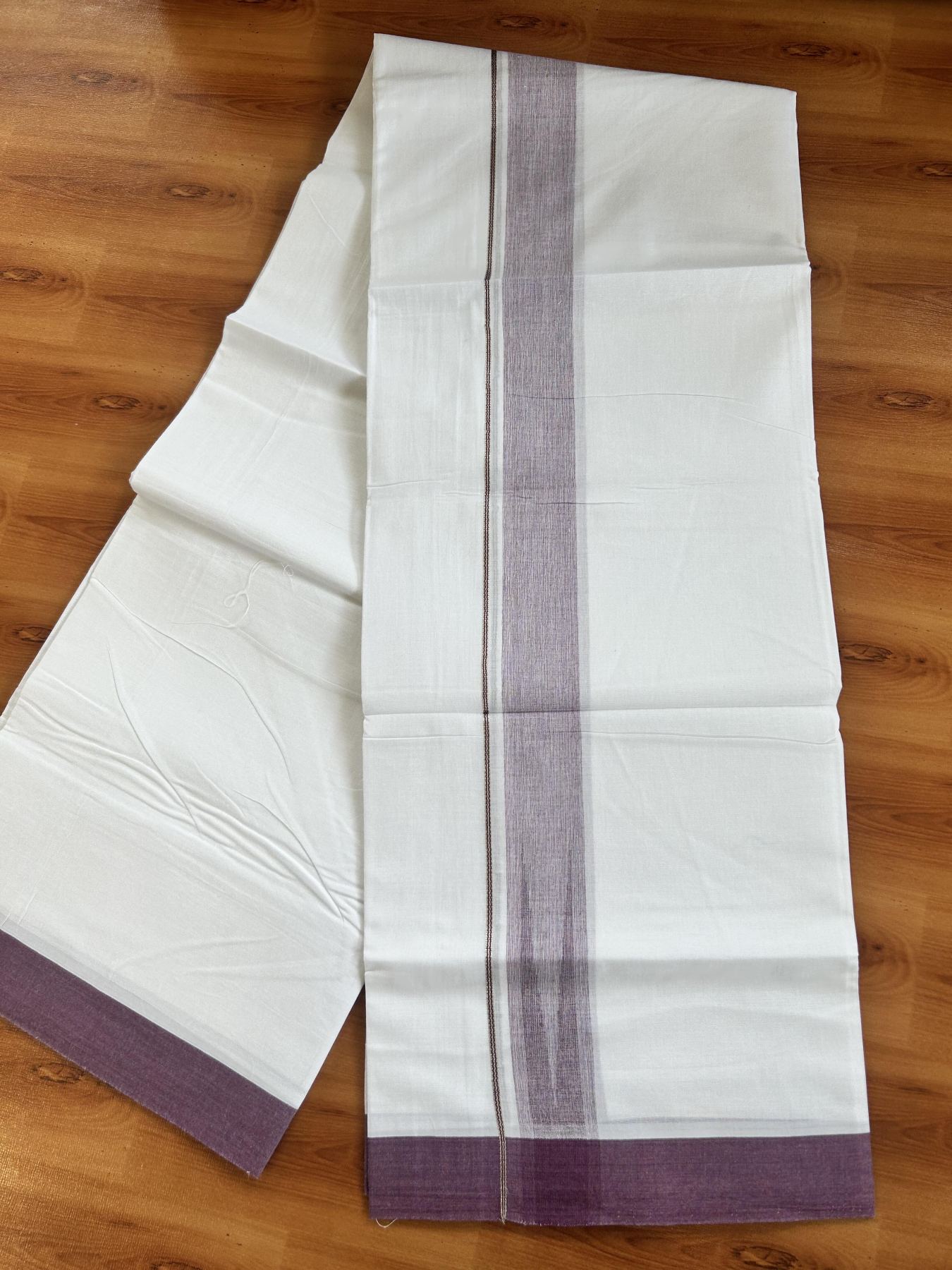 Double Pure White Mundu/Dhoti - 20% Discount !! KaithariKada Balaramapuram 100% Cotton - 100x80 - 1.5 inch Plum Purple Silver Chutty Kara 3.80 mtr (8 muzham) - 12 KK5414 CKS