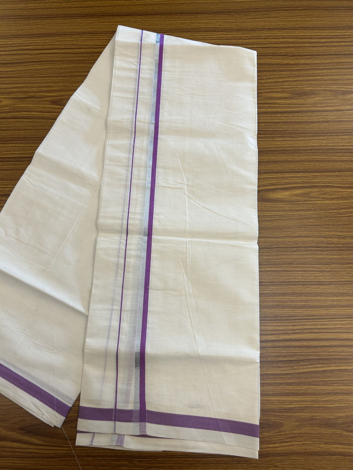 9% Discount! KaithariKada Balaramapuram 100% Cotton Single Off White - (Unbleached) Mundu/Dhoti - 100x80 - 0.5 inch Silver Kasav & Purple kara (2 meter / 4 muzham) - 62 KK52313 PMC