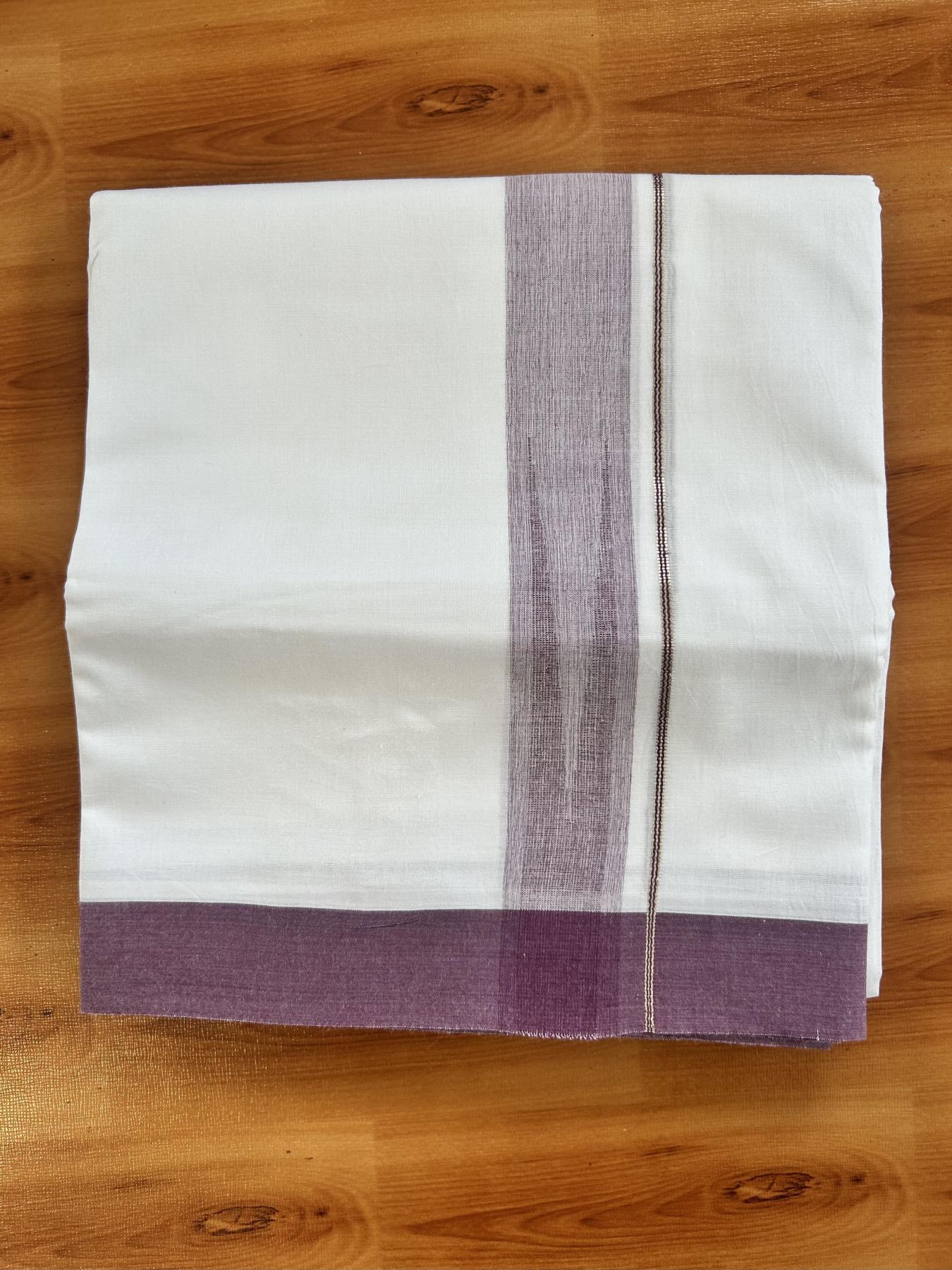 Double Pure White Mundu/Dhoti - 20% Discount !! KaithariKada Balaramapuram 100% Cotton - 100x80 - 1.5 inch Plum Purple Silver Chutty Kara 3.80 mtr (8 muzham) - 12 KK5414 CKS