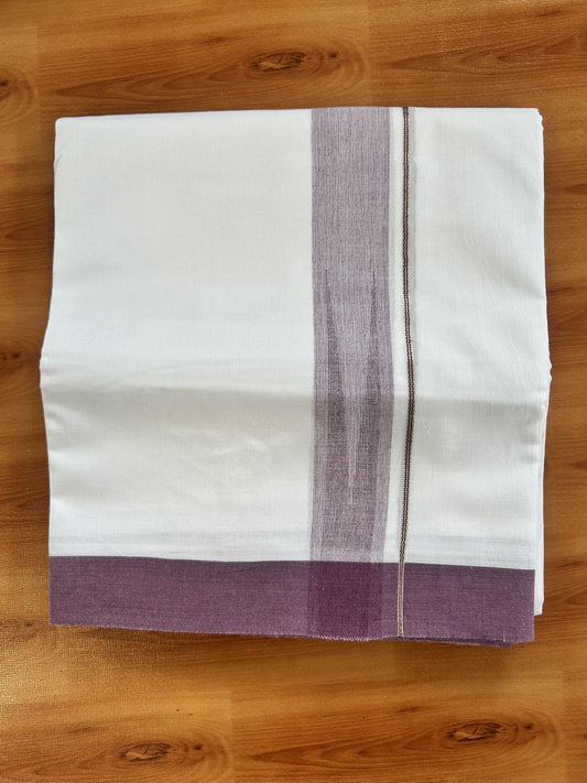 Double Pure White Mundu/Dhoti - 20% Discount !! KaithariKada Balaramapuram 100% Cotton - 100x80 - 1.5 inch Plum Purple Silver Chutty Kara 3.80 mtr (8 muzham) - 12 KK5414 CKS