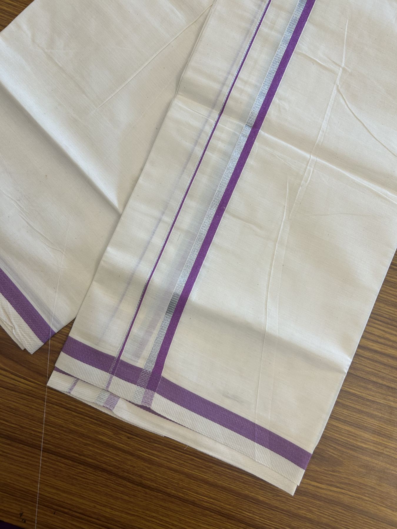 9% Discount! KaithariKada Balaramapuram 100% Cotton Single Off White - (Unbleached) Mundu/Dhoti - 100x80 - 0.5 inch Silver Kasav & Purple kara (2 meter / 4 muzham) - 62 KK52313 PMC