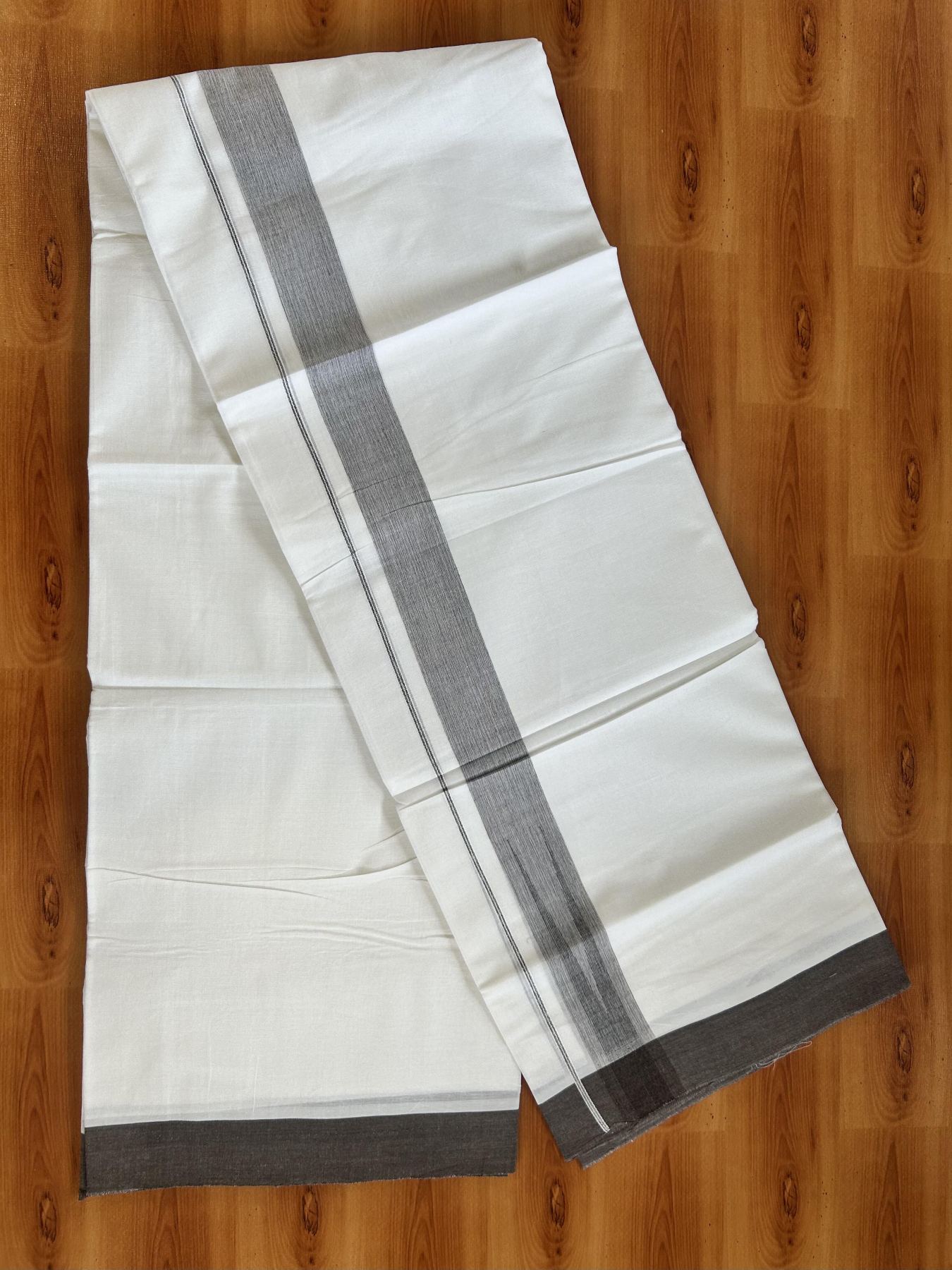Double Pure White Mundu/Dhoti - 20% Discount !! KaithariKada Balaramapuram 100% Cotton - 100x80 - 1.5 inch Dark Brown & Black Chutty Kara 3.80 mtr (8 muzham) - 13 KK5414 CKS