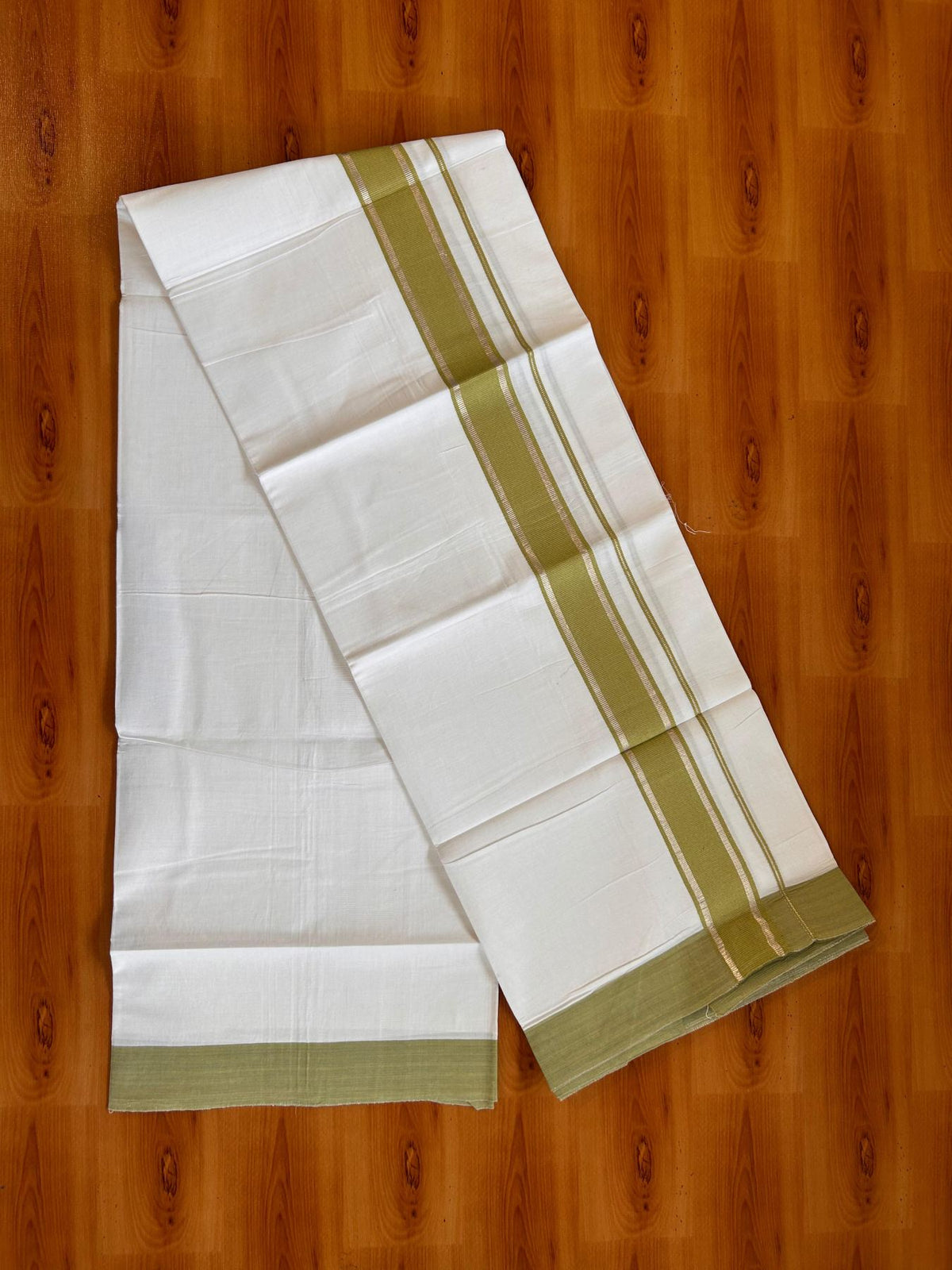 Kids Pure White Mundu/Dhoti Kaitharikada 100% Pure Cotton - 80s - 44 inch height - 1.5 inch Silver Kasav & Light Green Kara 1.70 mtr (3.63 Muzham) - 11 KK5533 PMC