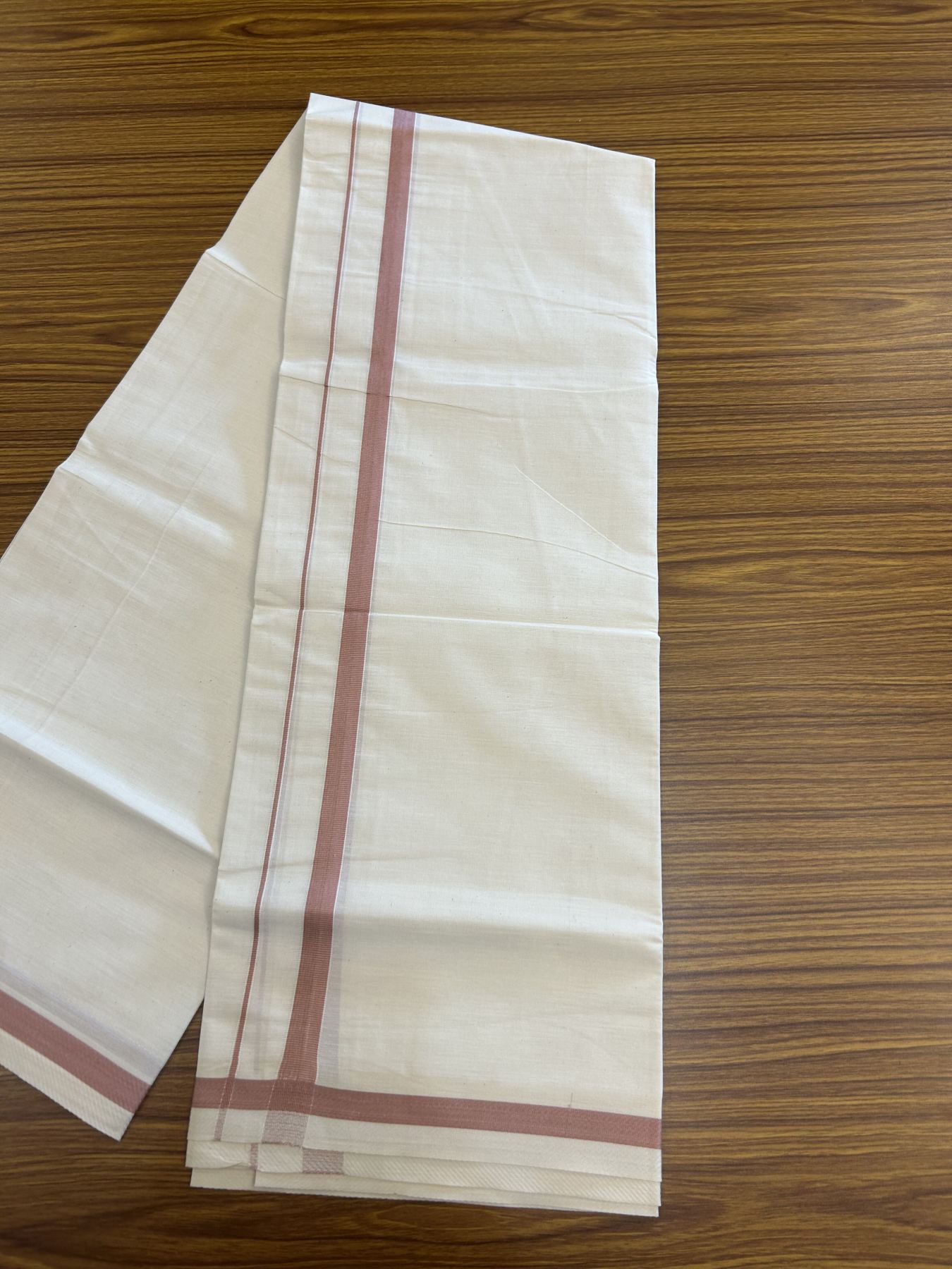 7% Discount! KaithariKada Balaramapuram 100% Cotton Single Off White - (Unbleached) Mundu/Dhoti - 100x80 - 0.5 inch Silver Kasav & Dusty Rose kara (2 meter / 4 muzham) - 65 KK52313 PMC
