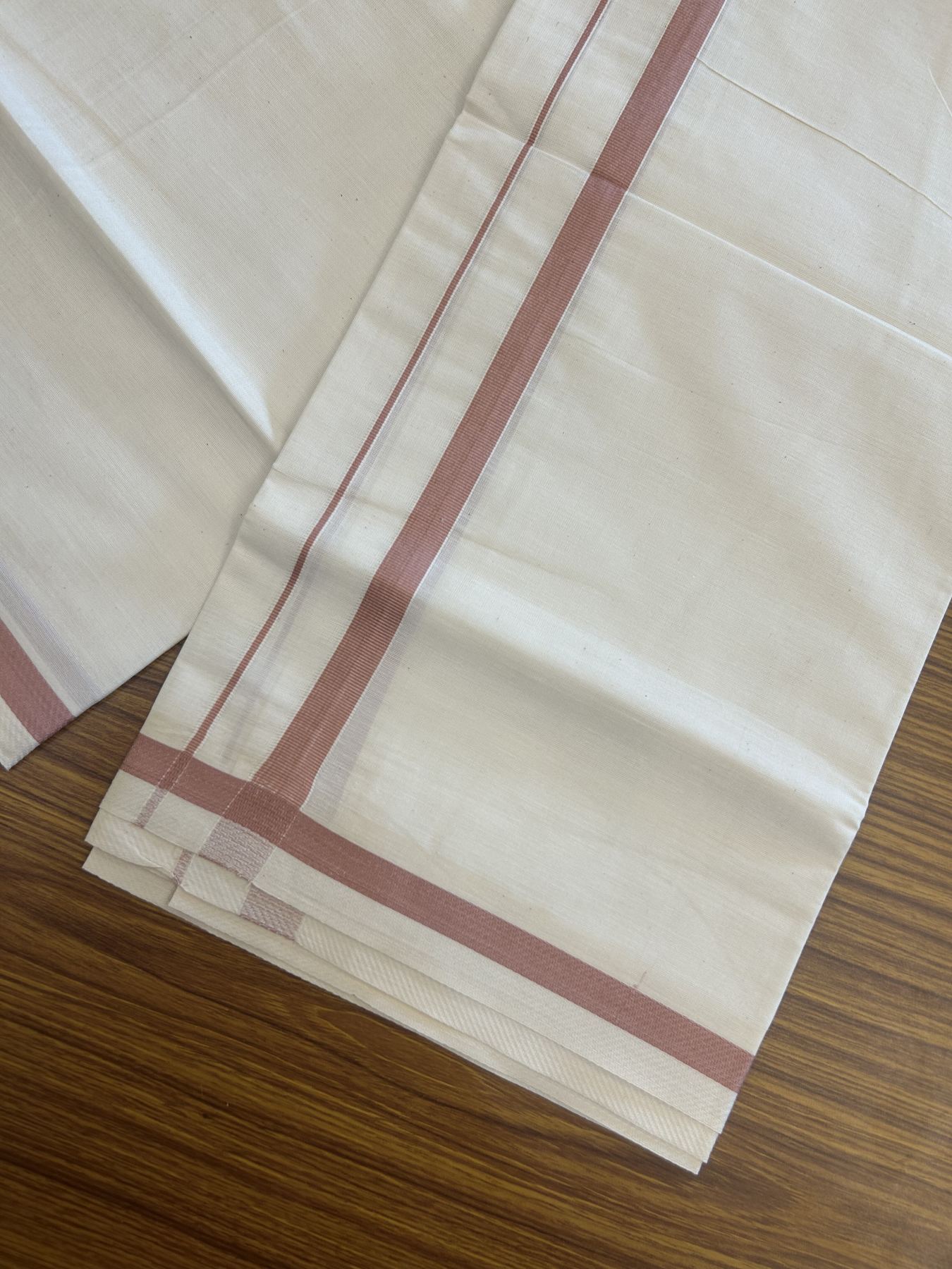 7% Discount! KaithariKada Balaramapuram 100% Cotton Single Off White - (Unbleached) Mundu/Dhoti - 100x80 - 0.5 inch Silver Kasav & Dusty Rose kara (2 meter / 4 muzham) - 65 KK52313 PMC