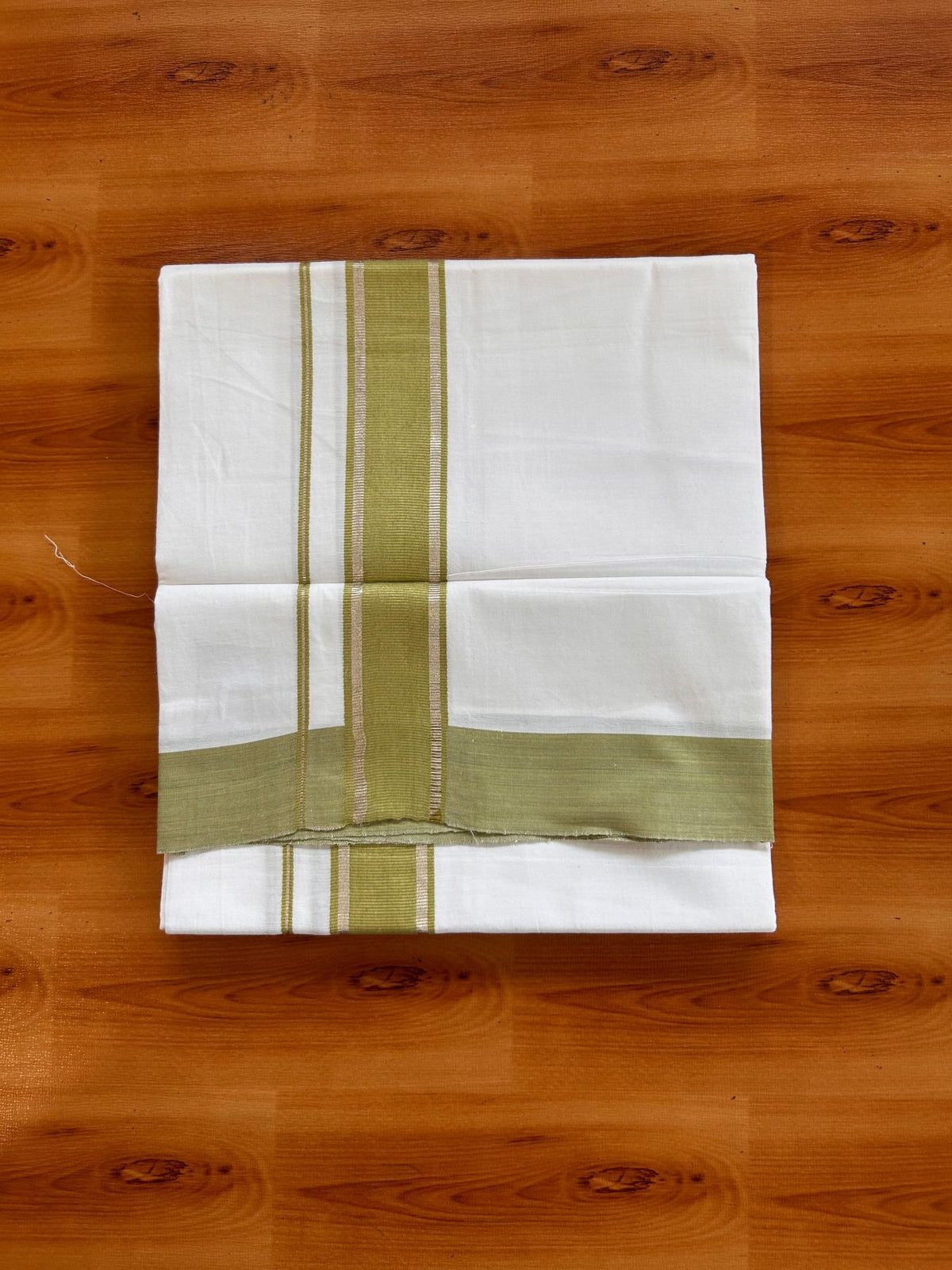Kids Pure White Mundu/Dhoti Kaitharikada 100% Pure Cotton - 80s - 44 inch height - 1.5 inch Silver Kasav & Light Green Kara 1.70 mtr (3.63 Muzham) - 11 KK5533 PMC