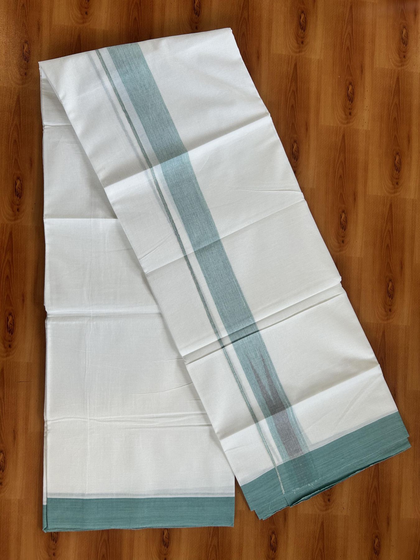 Double Pure White Mundu/Dhoti - 20% Discount !! KaithariKada Balaramapuram 100% Cotton - 100x80 - 1.5 inch Turquoise & Ash Grey Silver Chutty Kara 3.80 mtr (8 muzham) - 14 KK5414 CKS