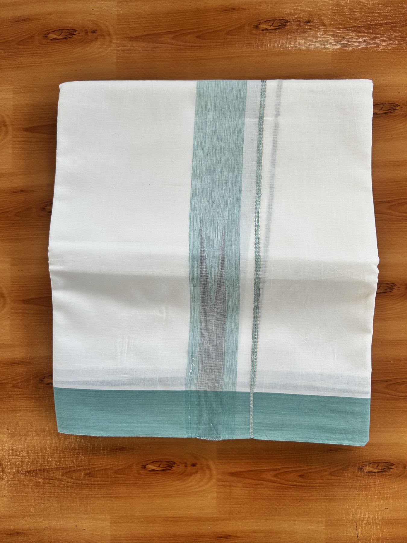 Double Pure White Mundu/Dhoti - 20% Discount !! KaithariKada Balaramapuram 100% Cotton - 100x80 - 1.5 inch Turquoise & Ash Grey Silver Chutty Kara 3.80 mtr (8 muzham) - 14 KK5414 CKS