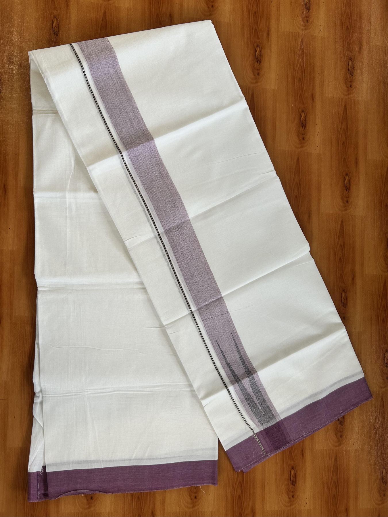 Double Pure White Mundu/Dhoti - 20% Discount !! KaithariKada Balaramapuram 100% Cotton - 100x80 - 1.5 inch Purple & Black Silver Chutty Kara 3.80 mtr (8 muzham) - 15 KK5414 CKS