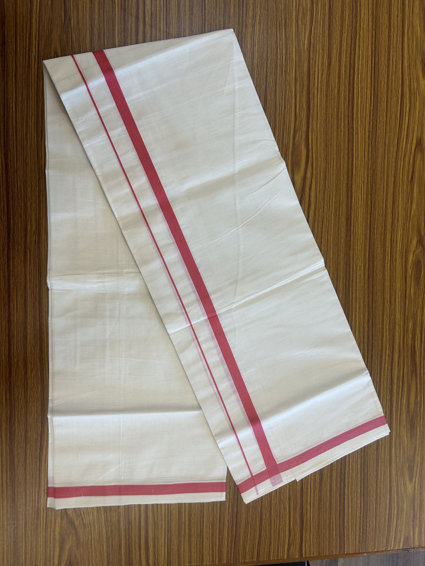 7% Discount! KaithariKada Balaramapuram 100% Cotton Single Off White - (Unbleached) Mundu/Dhoti - 100x80 - 0.5 inch Silver Kasav & Red pink kara (2 meter / 4 muzham) - 63 KK52313 PMC