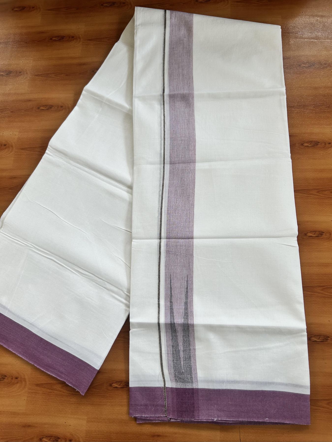 Double Pure White Mundu/Dhoti - 20% Discount !! KaithariKada Balaramapuram 100% Cotton - 100x80 - 1.5 inch Purple & Black Silver Chutty Kara 3.80 mtr (8 muzham) - 15 KK5414 CKS