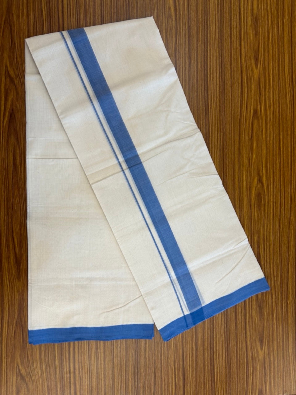 25% Discount ! KaithariKada Handloom Millpaav Balaramapuram - 100% PURE Cotton OFF White (Unbleached) Double Mundu/Dothi - 80x90 - 1.25 inch Blue Mulloth Kara 4 Meters (8.5 Muzham) - 8 KK5256 RAM